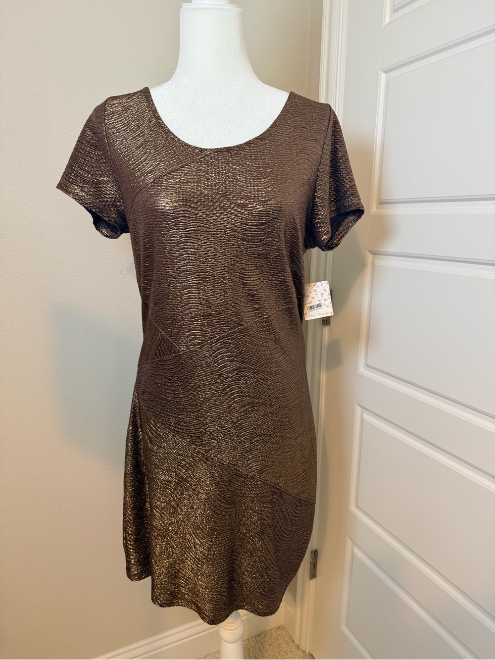 Free People Metallic Chocolate Short Sleeve Shift Dress - Women's L